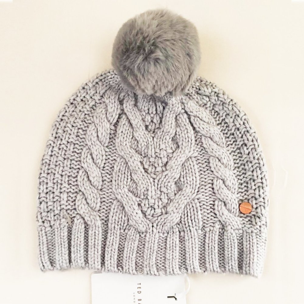 TED BAKER YNUTA Winter Cable Knit Pom Pom Gray Hat - Picture 1 of 3